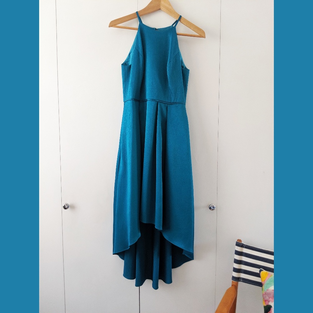 Peacock blue halter cocktail high-low dress